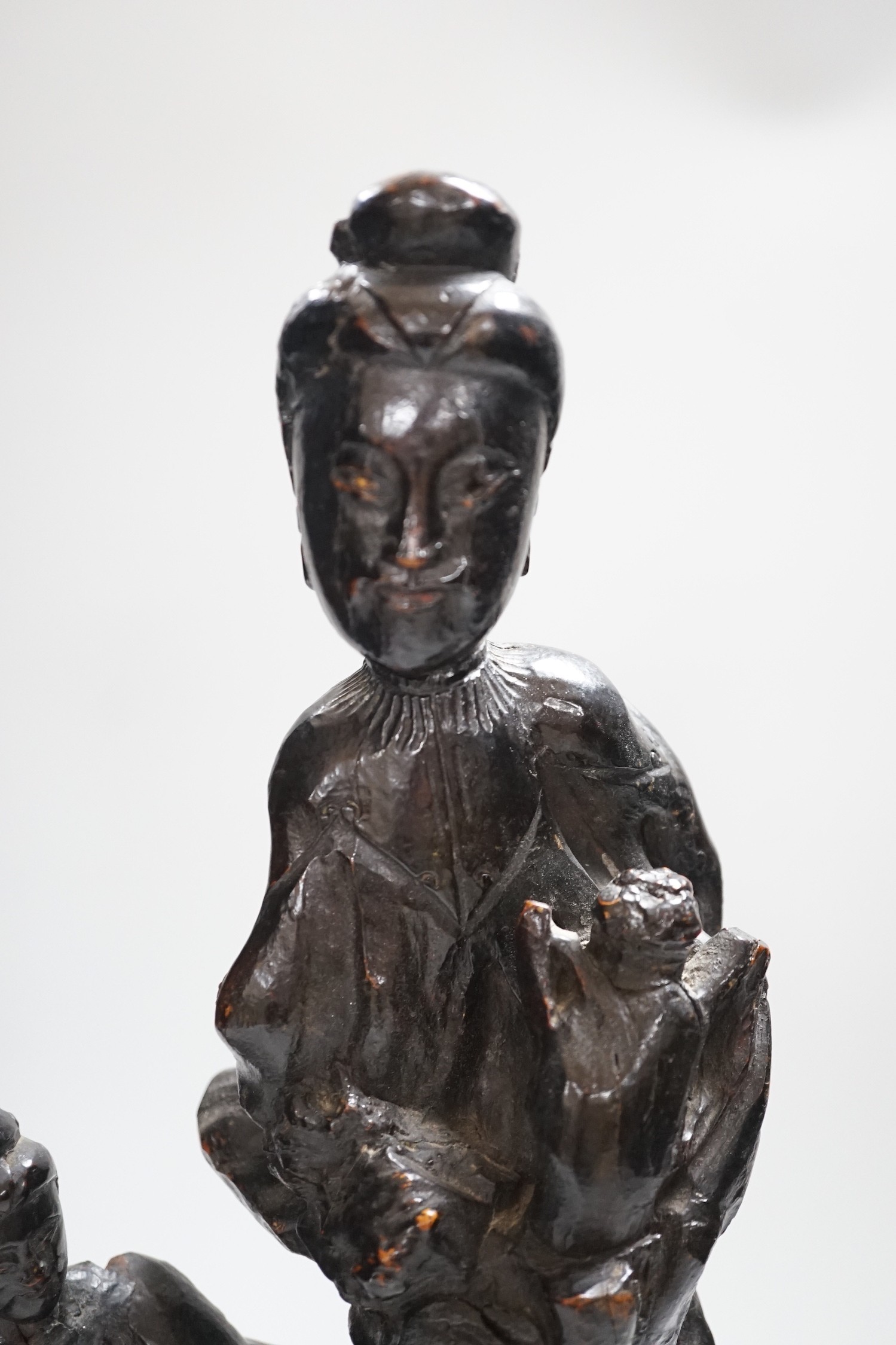 A Chinese root wood carving of two women, 42cm
